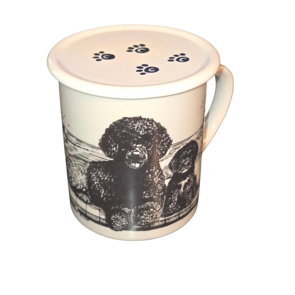 The Cache‎ Poodle Lidded Coffee Mug 3"X3" Black & White VTG 1989 Laura Griffin